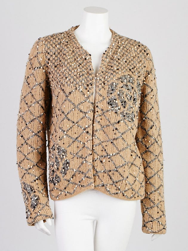 Chanel Beige Wool Blend Boucle Cardigan Sweater Size 4/38