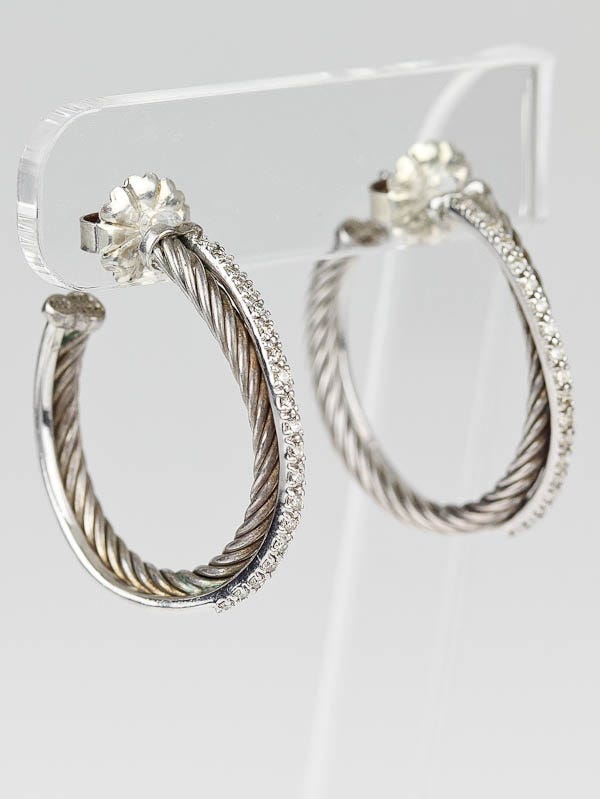 David Yurman Sterling Silver and 14k Gold Diamonds Cable Medium Hoop Earrings