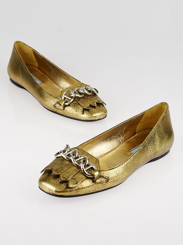 Prada Gold Leather Chain Loafers Size 7.5/38