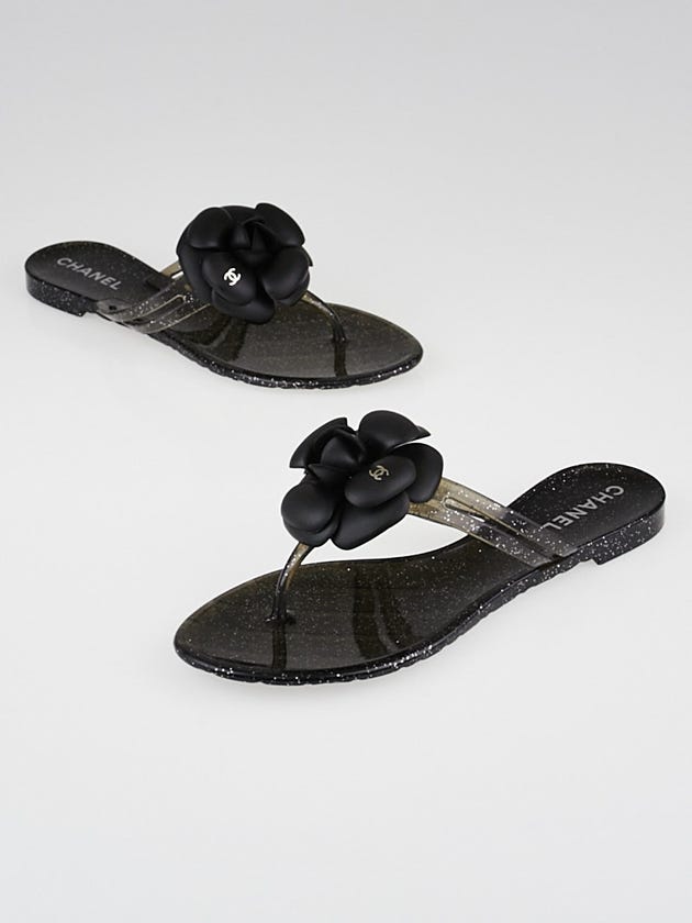 Chanel Black Rubber Camellia Flower Thong Sandals Size 5.5/36