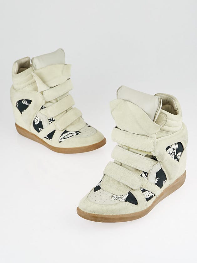 Isabel Marant Beige Suede and Hawaiian Canvas Bekett Sneaker Wedges Size 9.5/40