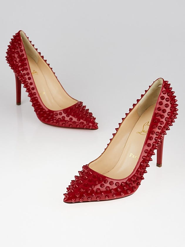 Christian Louboutin Red Patent Leather Pigalle Spikes 100 Pumps Size 7/37.5