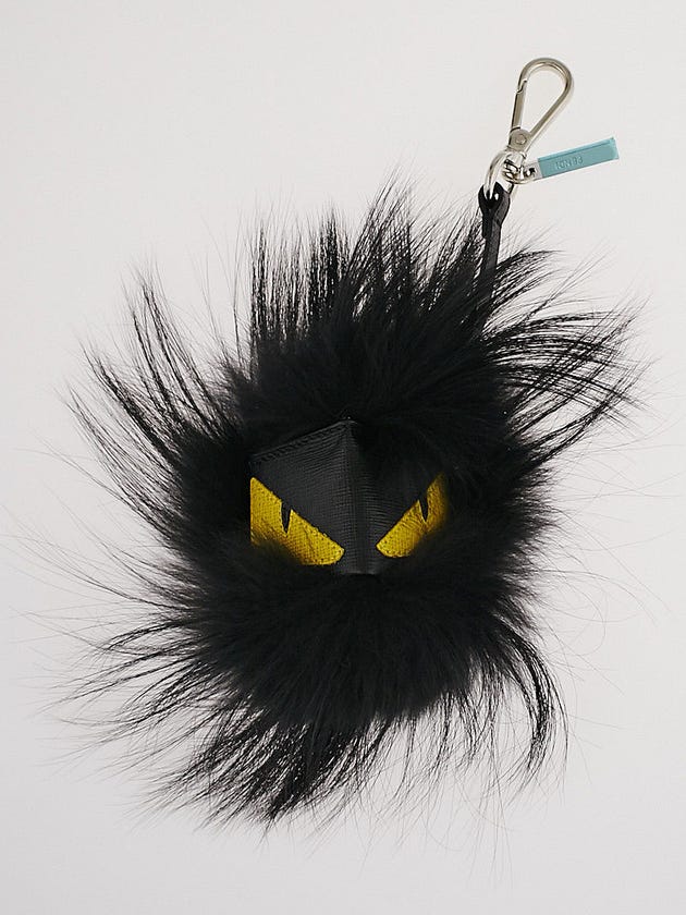 Fendi Black Fox Fur and Leather 'Fusto' Monster Cube Bag Bugs Key Chain and Bag Charm