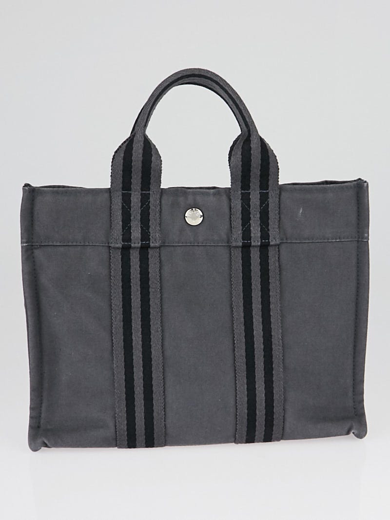Hermes Fourre Tout P.M. (mini tote) in Black Canvas with Grey Stripe. Made  in France. Width 30cm Height 22cm Depth 9cm Handles 22cm. $345.…