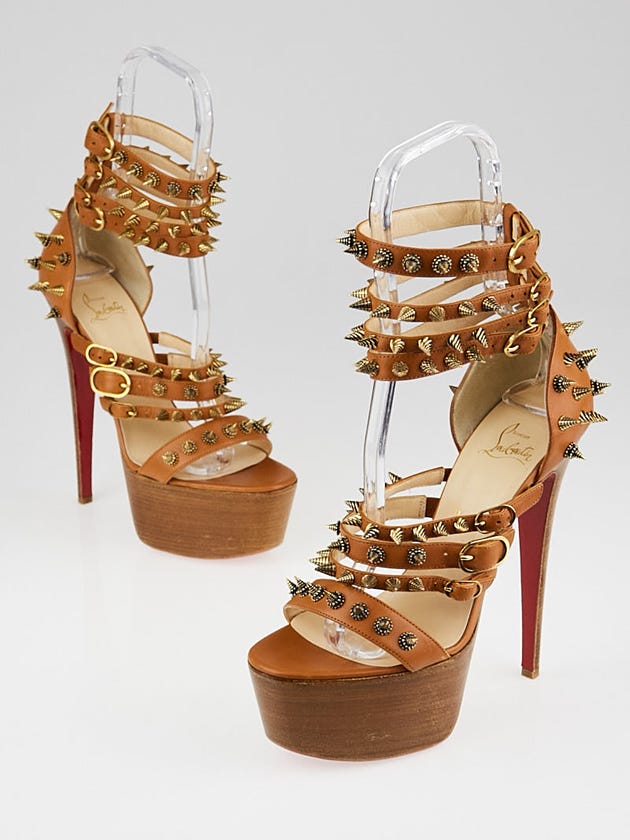 Christian Louboutin Brown Leather Botticellita 160 Spiked Platform Sandal Size 10/40.5