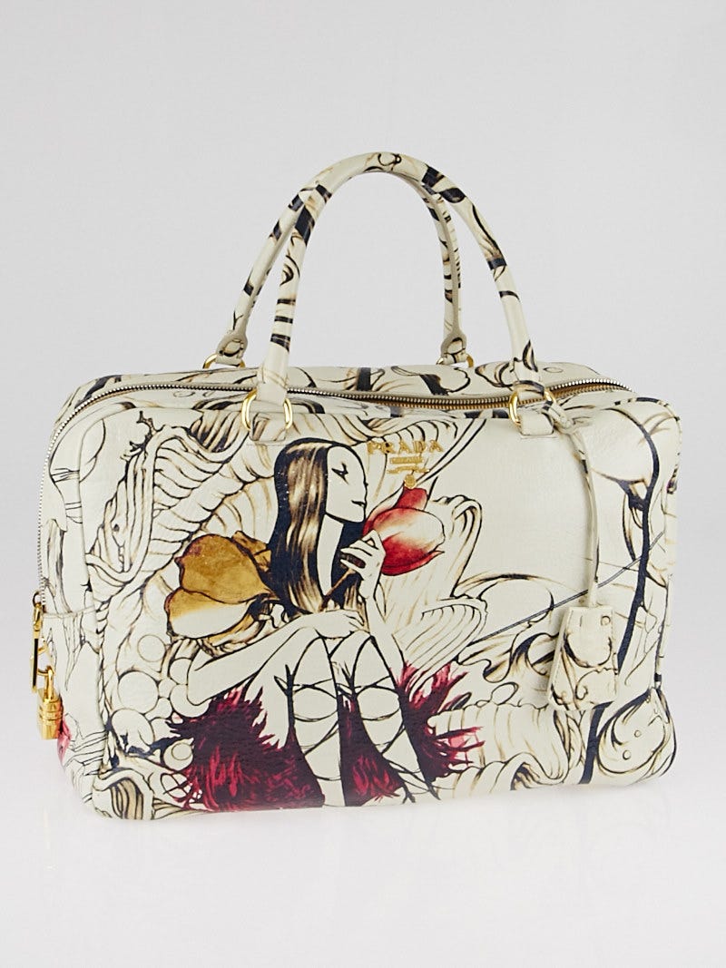 Prada Limited Edition Prugna Cervo Lux Leather Fairy Print Bauletto Bag BL0515 Yoogi s Closet