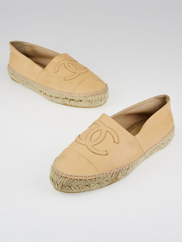 Chanel Beige Lambskin Leather CC Espadrille Flats Size 7.5/38