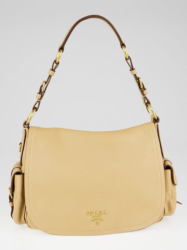 Prada Sabbia Vitello Daino Leather Flap Shoulder Bag BR3706