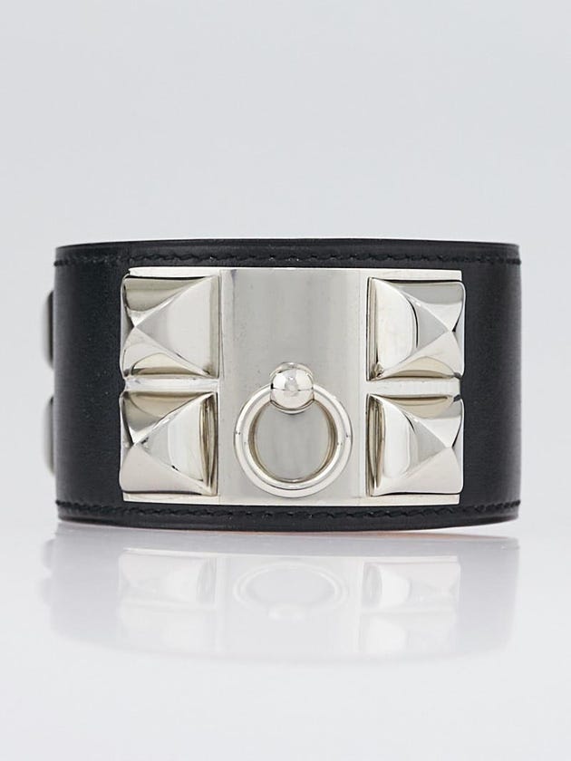 Hermes Black Swift Leather Palladium Plated Collier de Chien Bracelet Size L