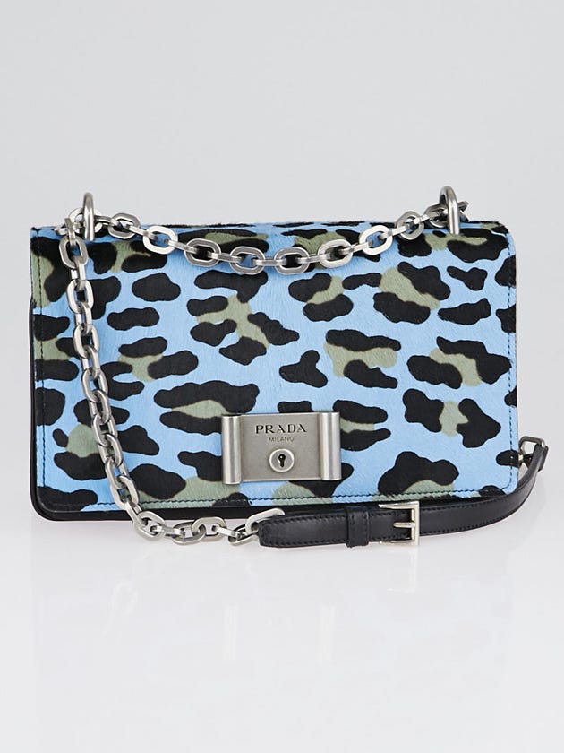 Prada Blue Leopard Print Pony Hair and Nylon Chain Shoulder Bag 1BD009