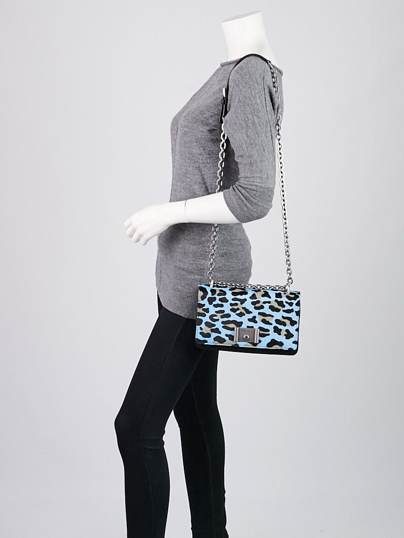 Prada Blue Leopard Print Pony Hair and Nylon Chain Shoulder