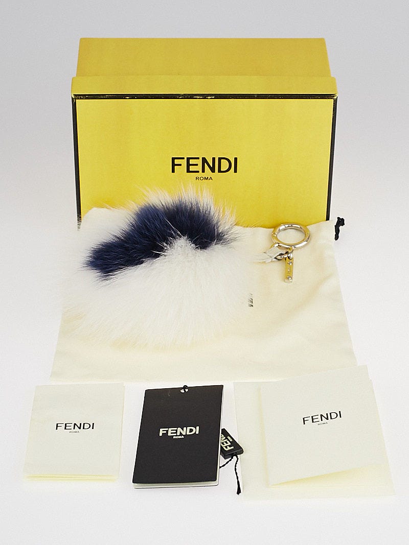 Fendi White/Blue Fox Fur Alphabet J Ball Key Holder and Bag Charm 