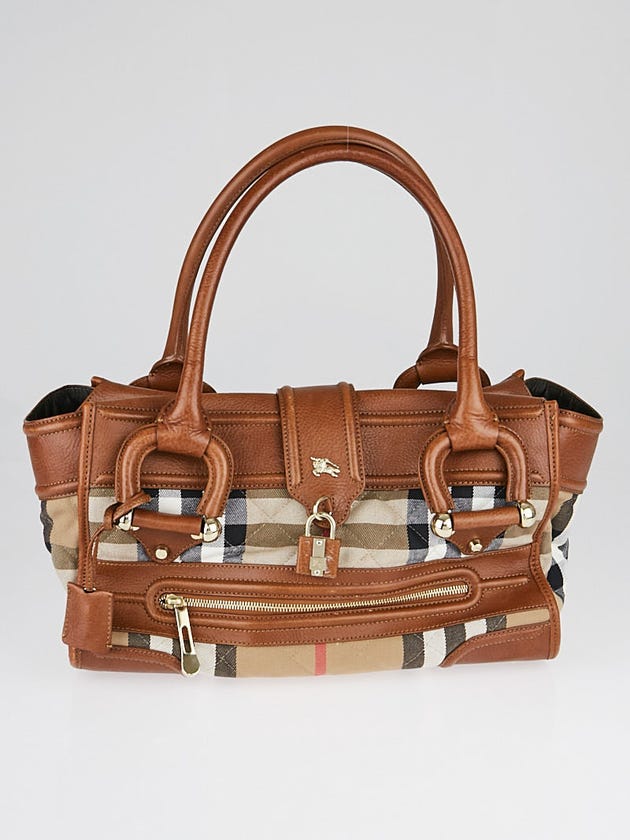 Burberry Brown Leather House Check Quilted Canvas Large Manor Bag