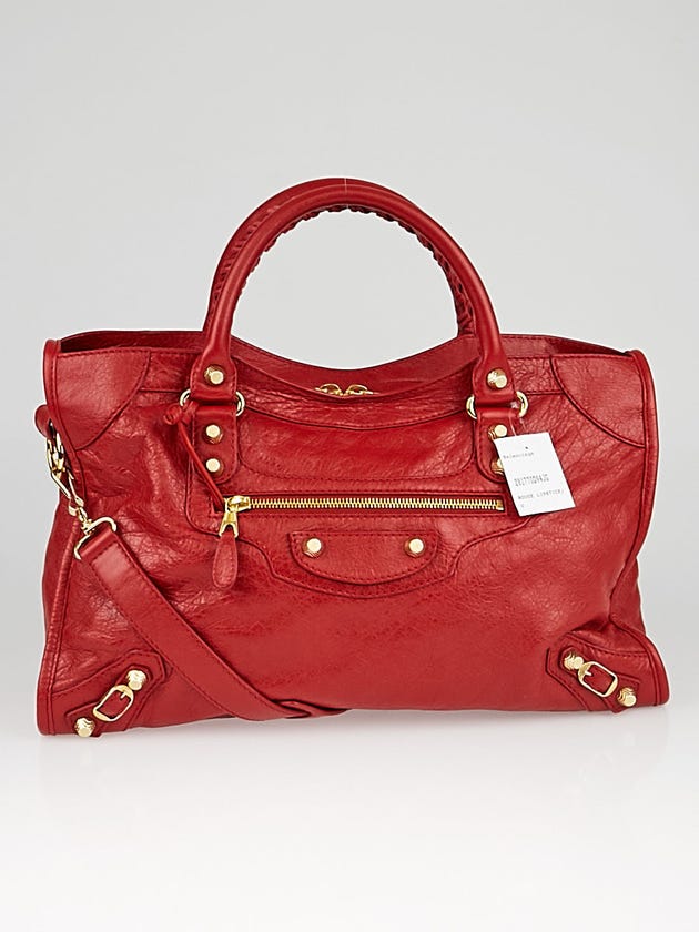 Balenciaga Red Lipstick Lambskin Leather Giant 12 Gold City Bag