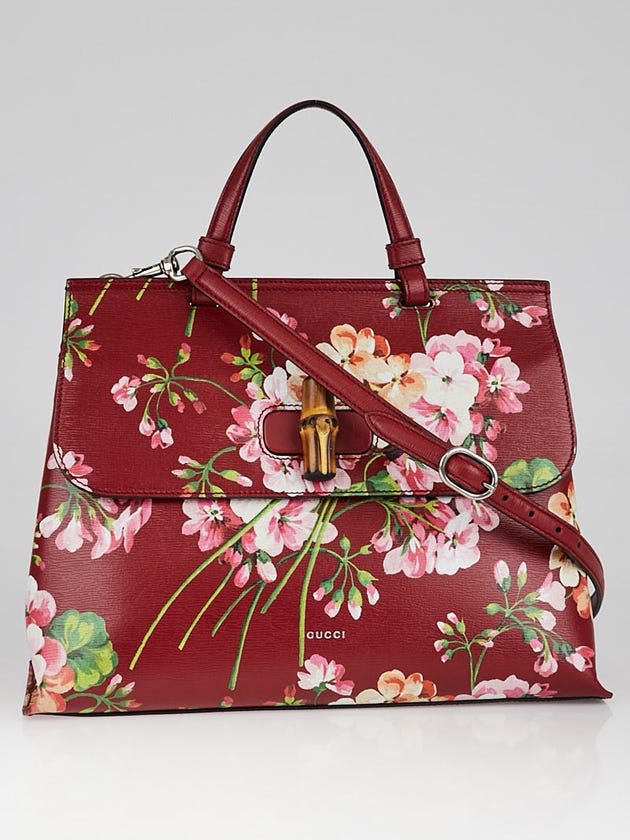 Gucci Red Blooms Printed Leather Bamboo Daily Top Handle Bag 