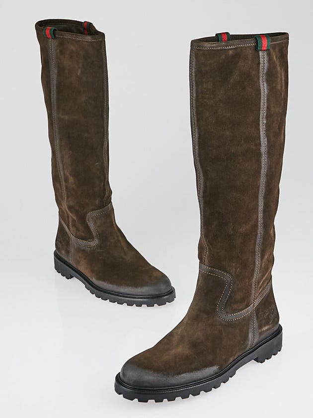 Gucci Brown Suede Leather Tall Flat Boots