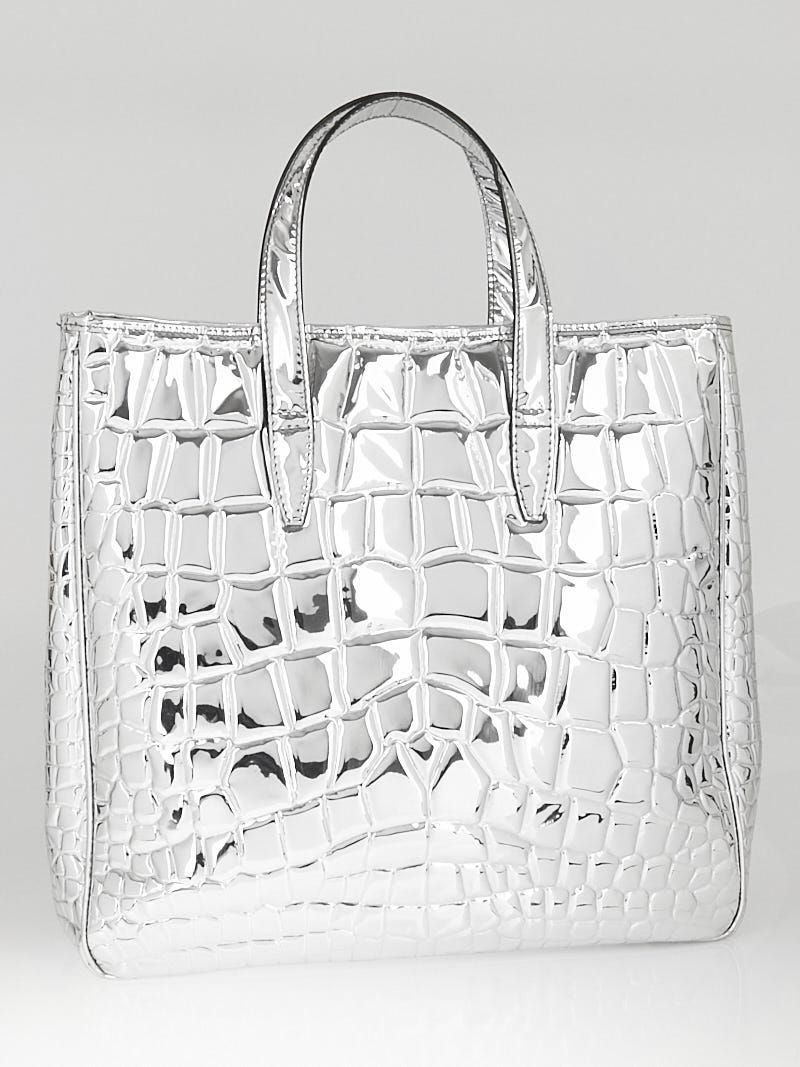 YSL YVES SAINT LAURENT Silver Crocodile Embossed Patent Leather Tote Bag