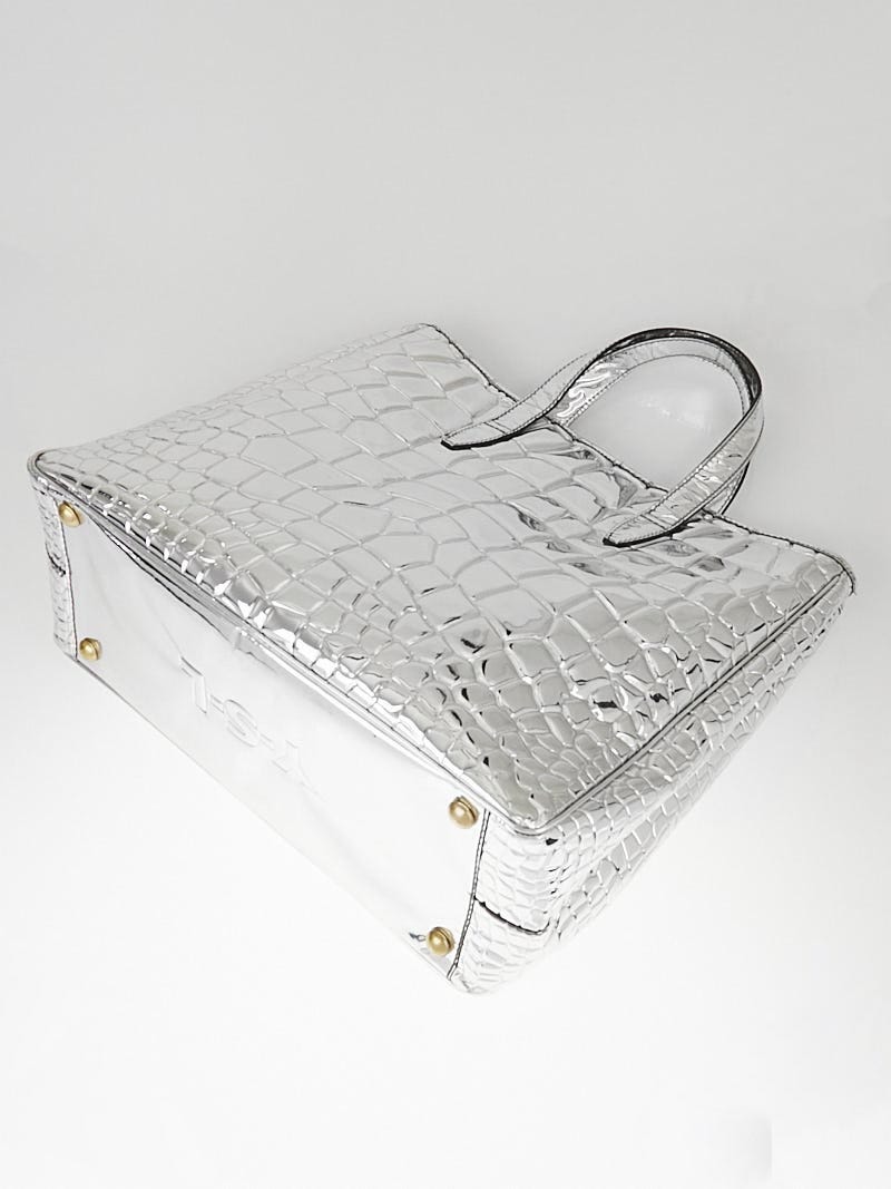 YSL YVES SAINT LAURENT Silver Crocodile Embossed Patent Leather Tote Bag