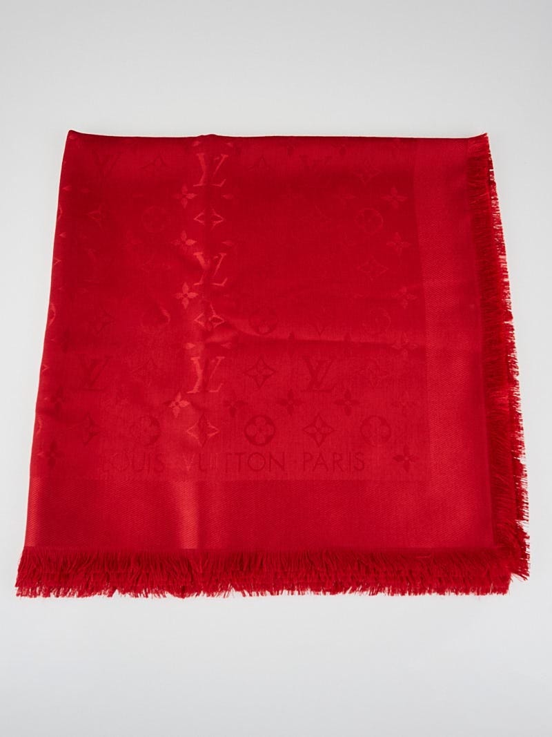 Louis VUITTON. Scarf in wool and red silk monogrammed bl…
