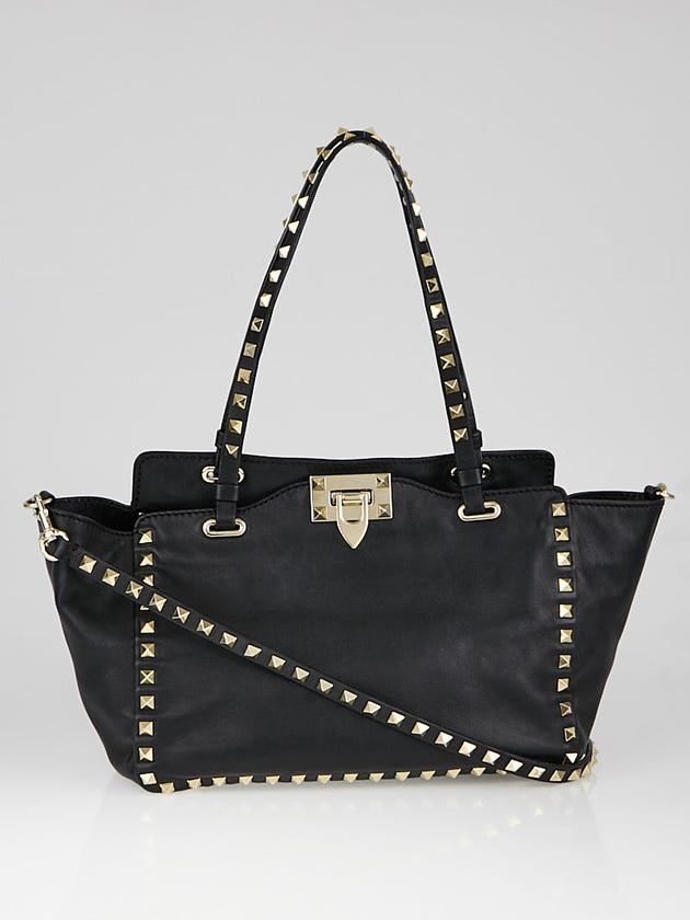 Valentino Black Leather Rockstud Trapeze Small Tote Bag
