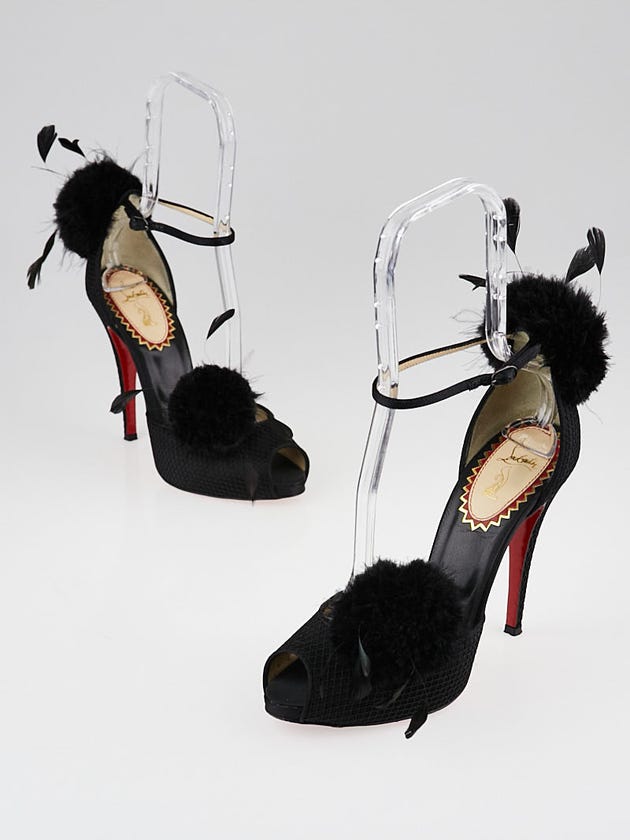 Christian Louboutin Black Satin and Feathers Pluminette Peep-Toe Sandal Size 9/39.5