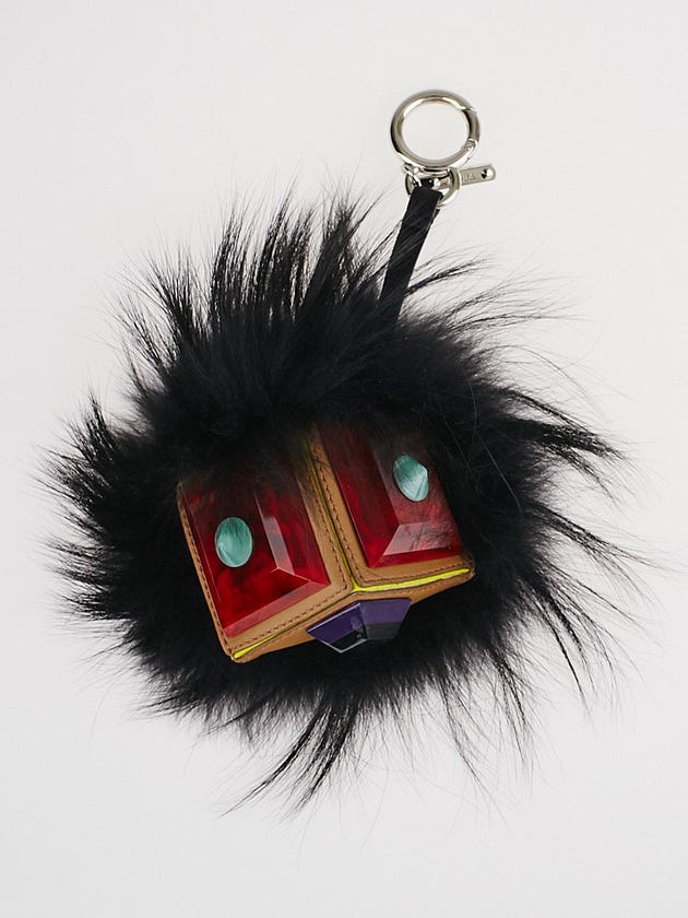 Fendi Black Fur and Leather Cube Bug Bag Key Holder and Bag Charm