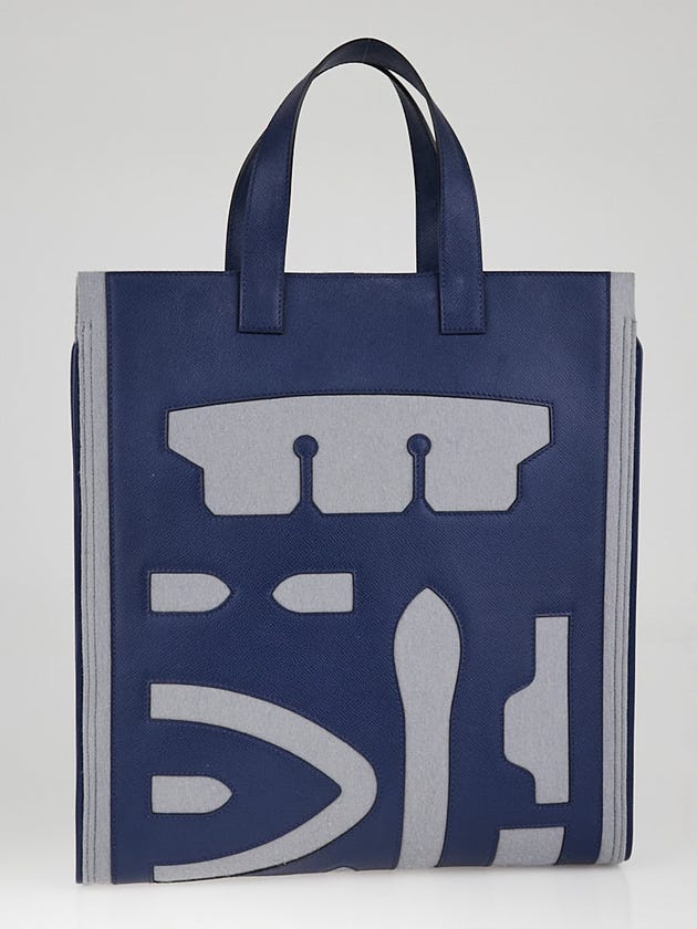 Hermes Grey/Blue Obscur Epsom Leather and Wool Petit H Skeleton Vertical Tote Bag