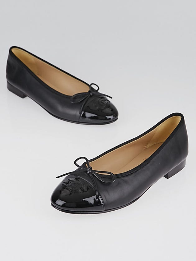 Chanel Black Leather CC Cap Toe Ballet Flats Size 6.5/37 