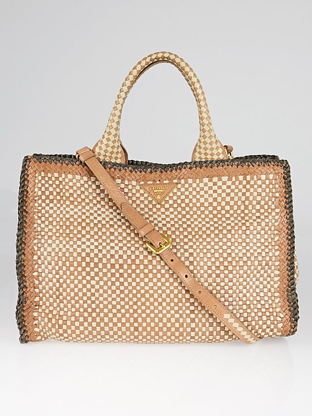 Prada Brown/Tan/Beige Woven Goatskin Leather Madras Satchel Bag