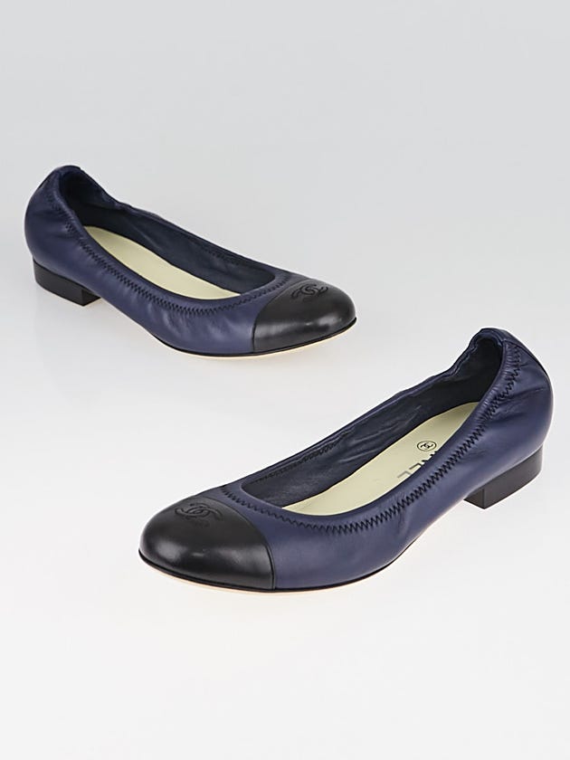 Chanel Blue/Black Lambskin Leather CC Cap Toe Flats Size 7/37.5