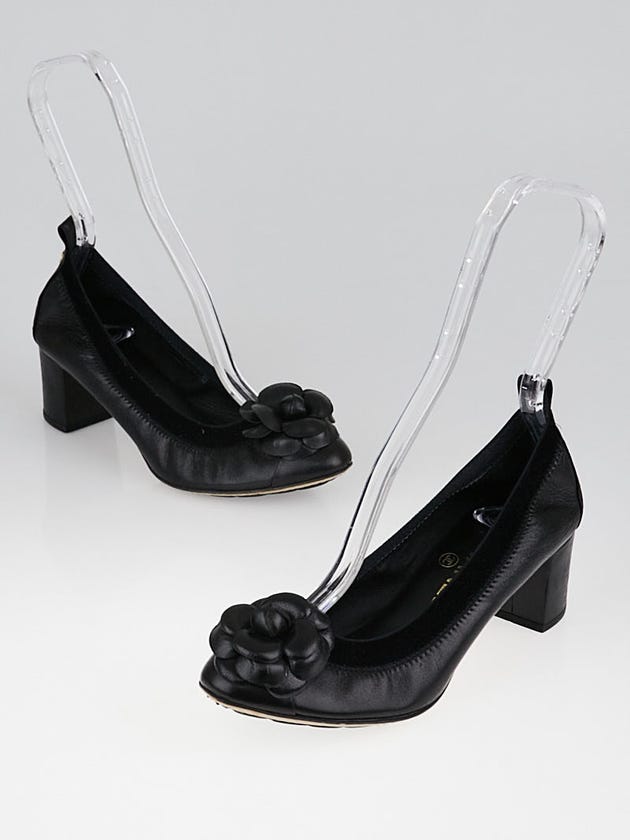 Chanel Black Lambskin Leather Camellia Elastic Ballet Heels Size 6.5/37