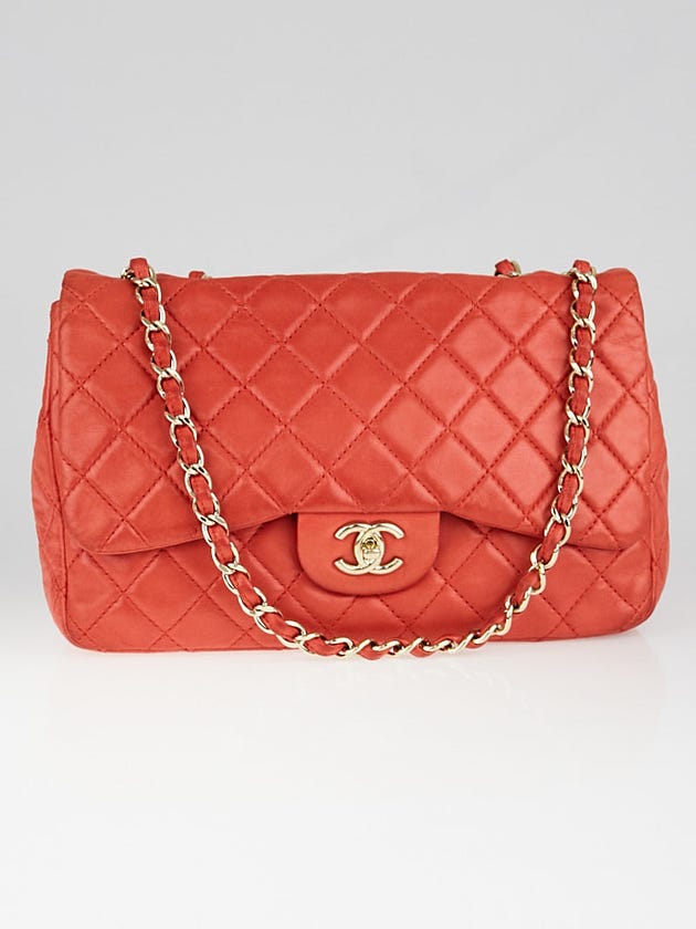 Chanel Red Quilted Washed Lambskin Leather Classic Jumbo Single Flap Bag