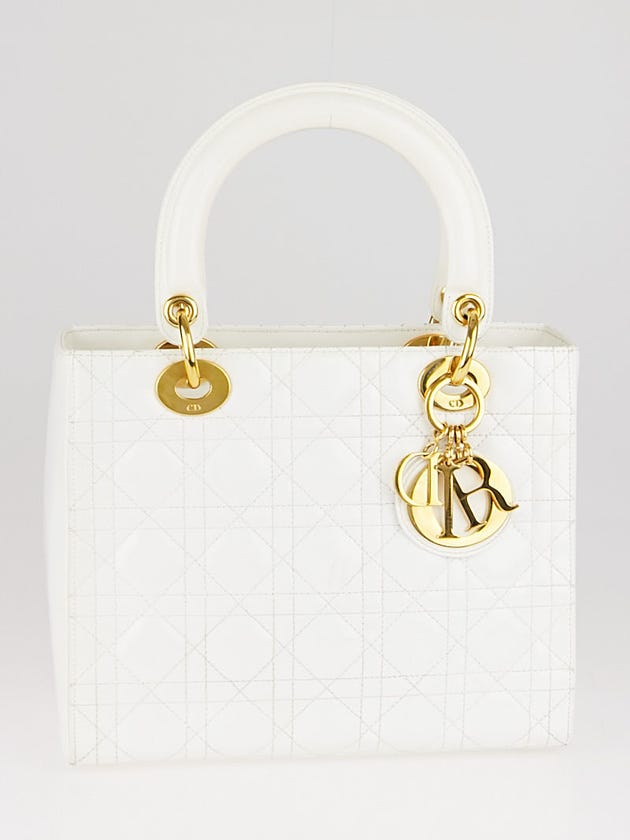 Christian White Patent Leather Lady Dior Medium Tote Bag