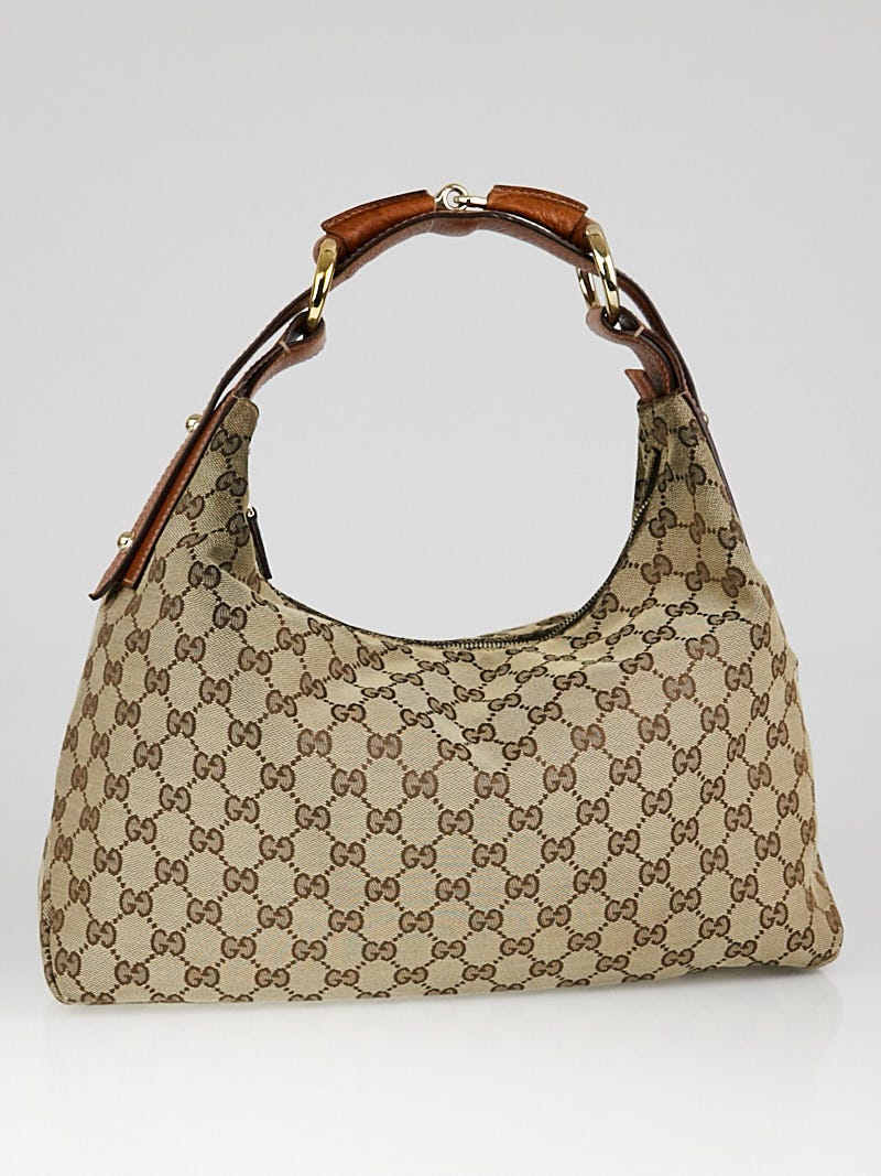 Gucci Auth GG Medium Brown Beige Canvas Leather Horsebit Hobo Bag Monogram  AS IS