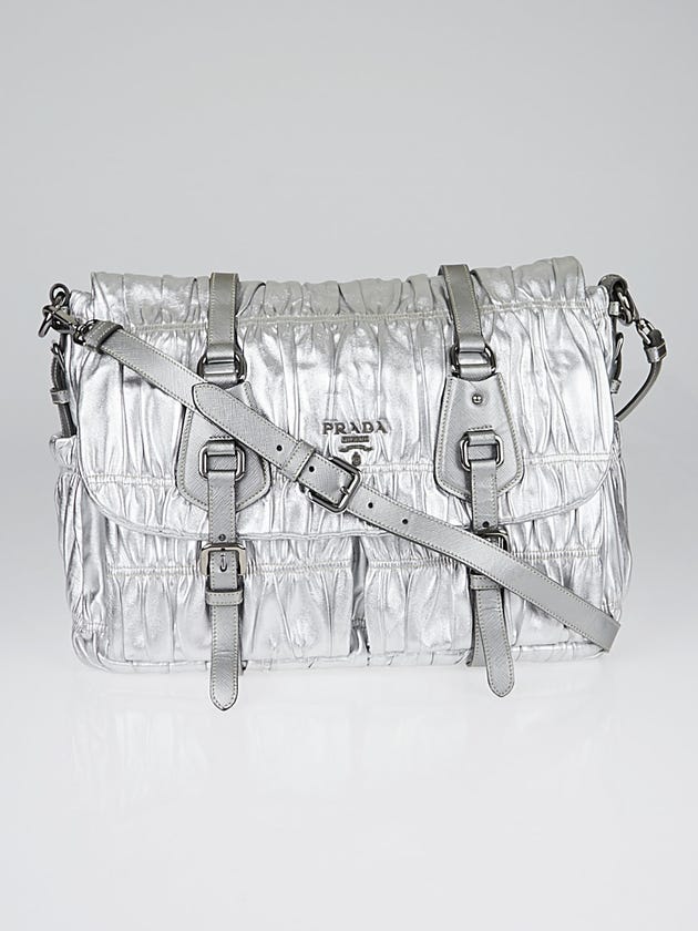 Prada Silver Nappa Gaufre Leather Messenger Bag BT0635