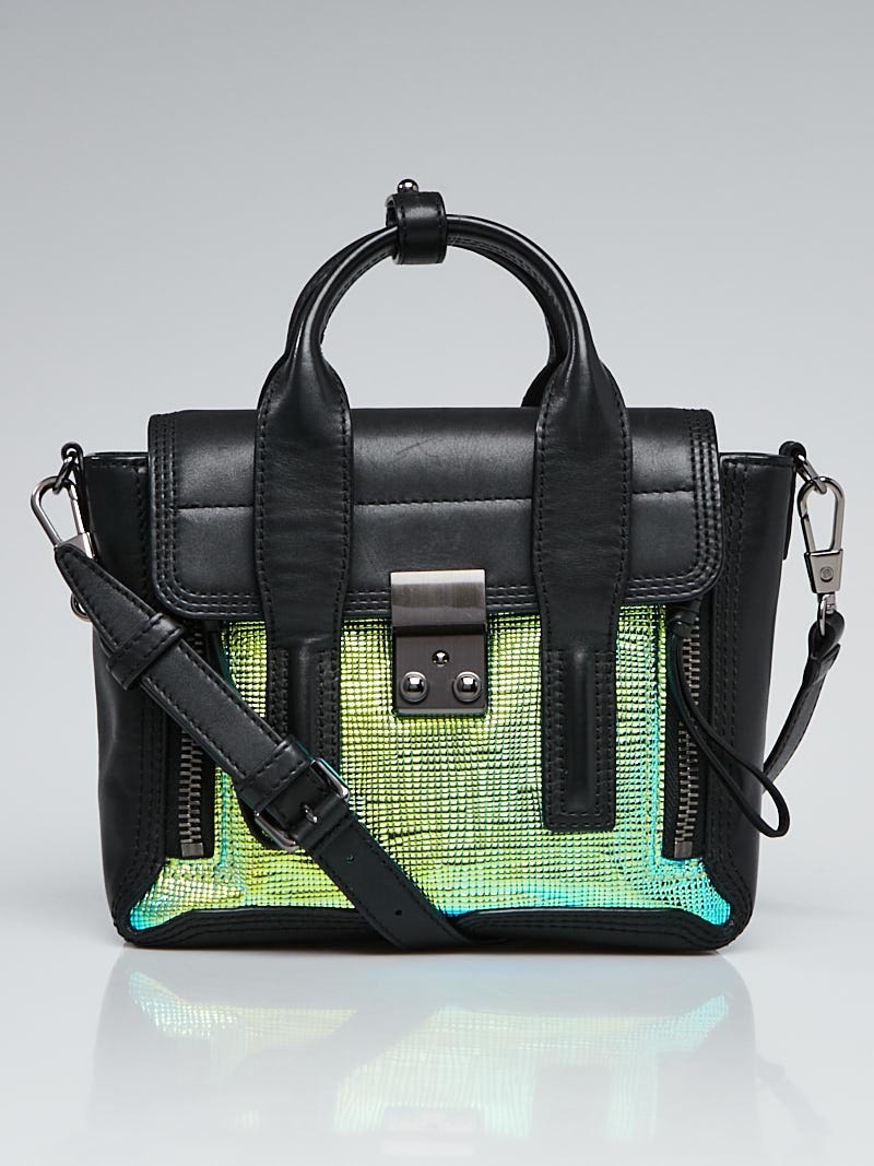 3.1 Phillip Lim Black Leather and Green/Blue Embossed Patent