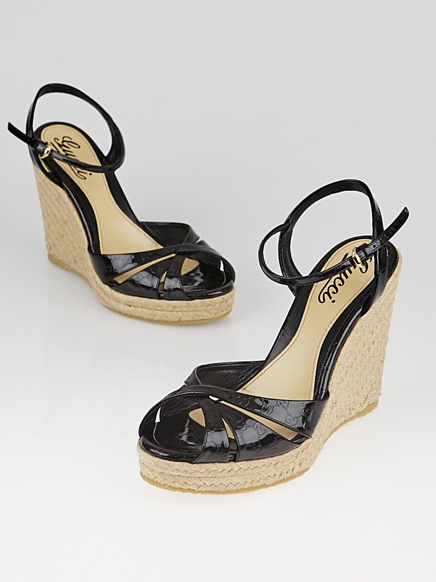 Patent Leather Wedge Sandals in Black - Gucci