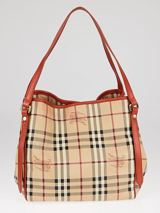 Burberry Orange Leather Haymarket Check Coated Canvas Canterbury Tote Bag