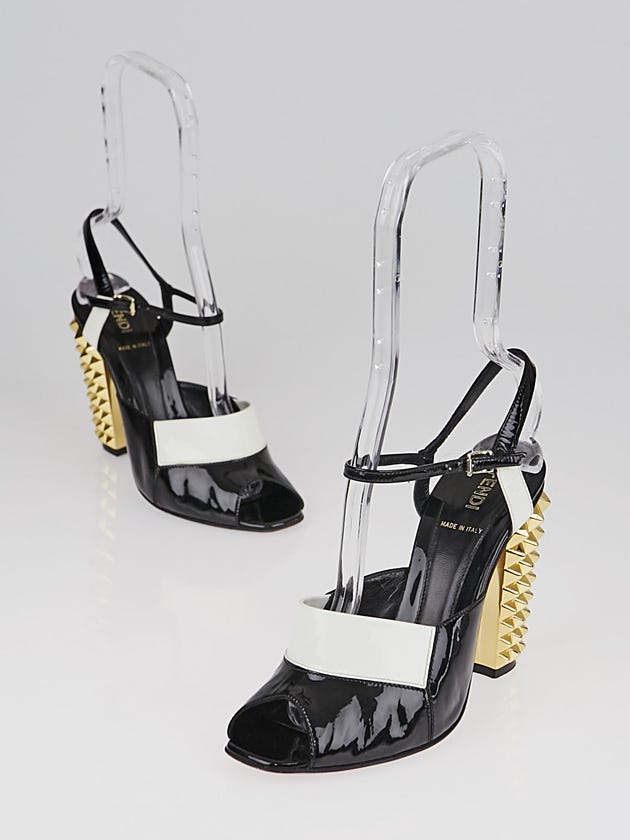 Fendi Black/White Patent Leather Studded Heel Sandals Size 6.5/37