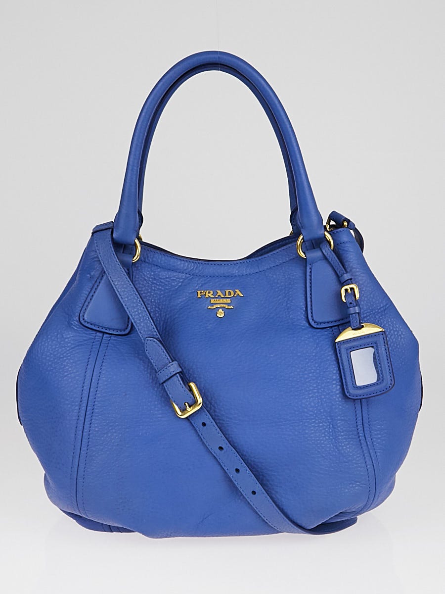 Prada Blue Vitello Daino Leather Top Handle Hobo Bag