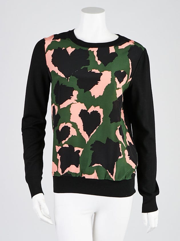 Gucci Green and Pink Heart Printed Silk/Wool Sweater Size M