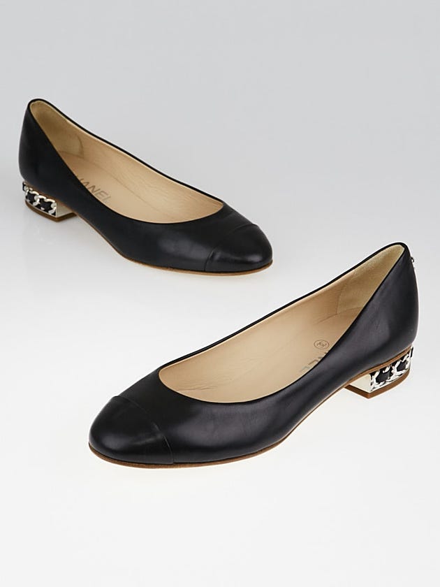 Chanel Black Lambskin Leather Cap-Toe  Chain Flats Size 7/37.5