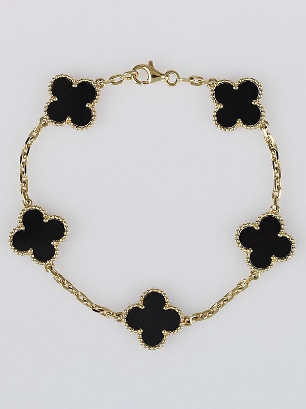 Van Cleef & Arpels 18k Gold and Black Onyx Vintage Alhambra 5 Motif Bracelet
