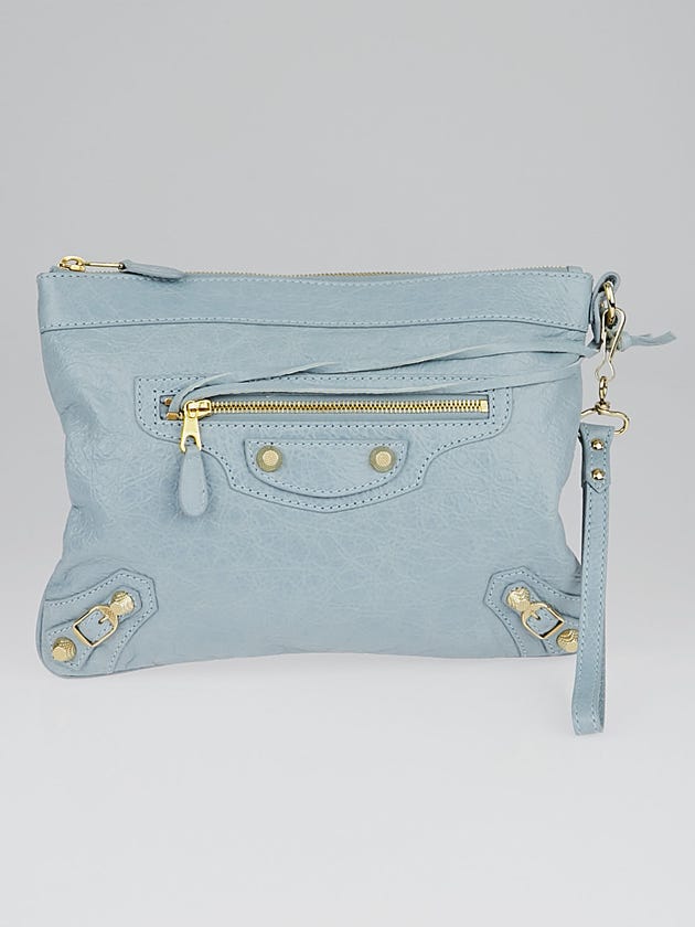 Balenciaga Bleu Acier Lambskin Leather Giant 12 Gold Flat Wristlet Clutch Bag