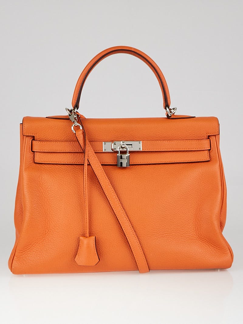 Hermes 35cm Orange Clemence Leather Palladium Plated Birkin Bag
