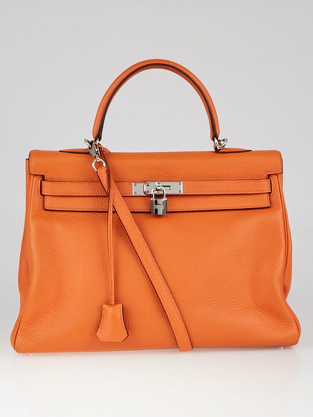 Hermes 35cm Orange Clemence Leather Palladium Plated Kelly Retourne Bag