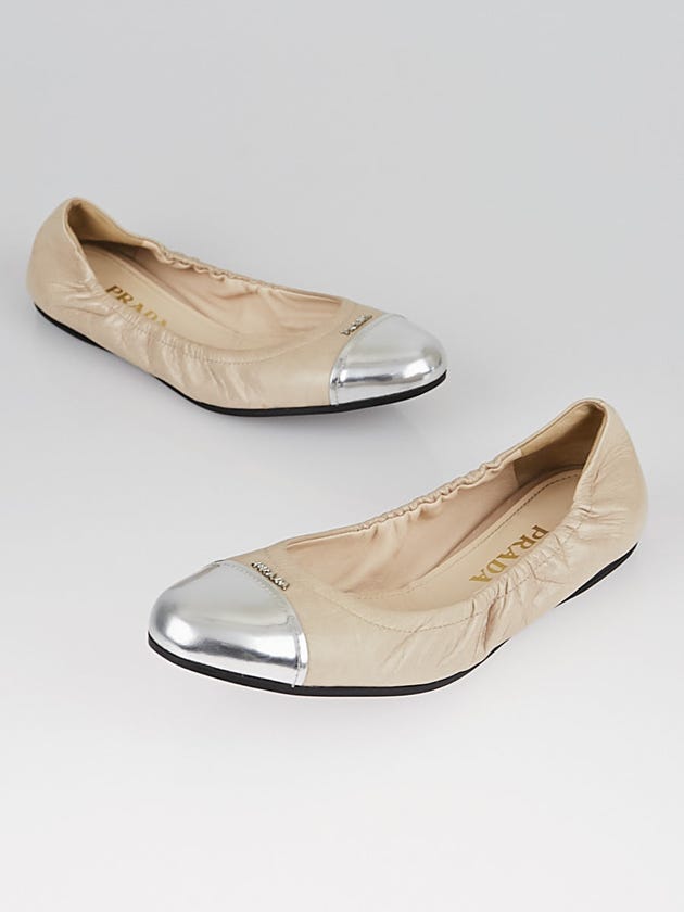 Prada Beige/Silver Leather Cap Toe Ballet Flats Size 7.5/38