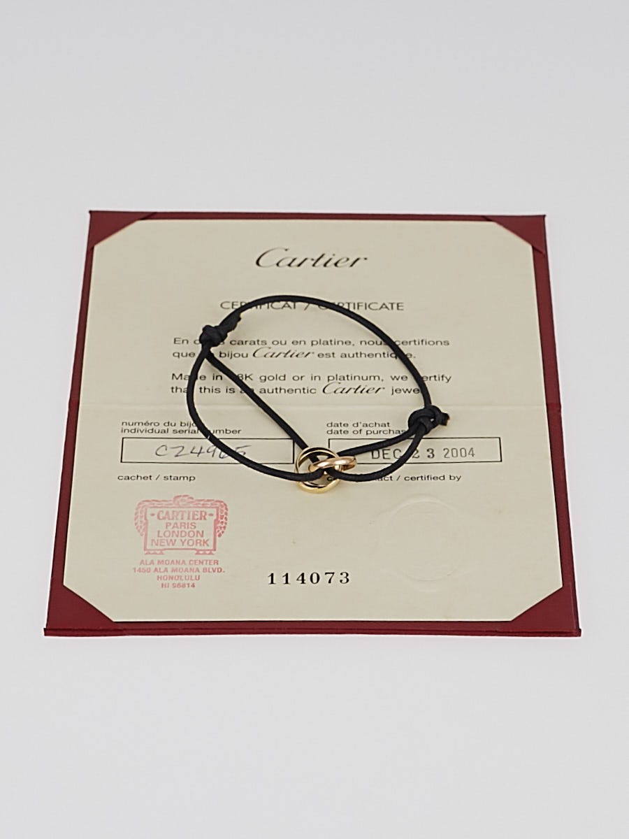 Cartier 18k Tri-Color Gold Trinity Black Cord Bracelet - Yoogi's Closet