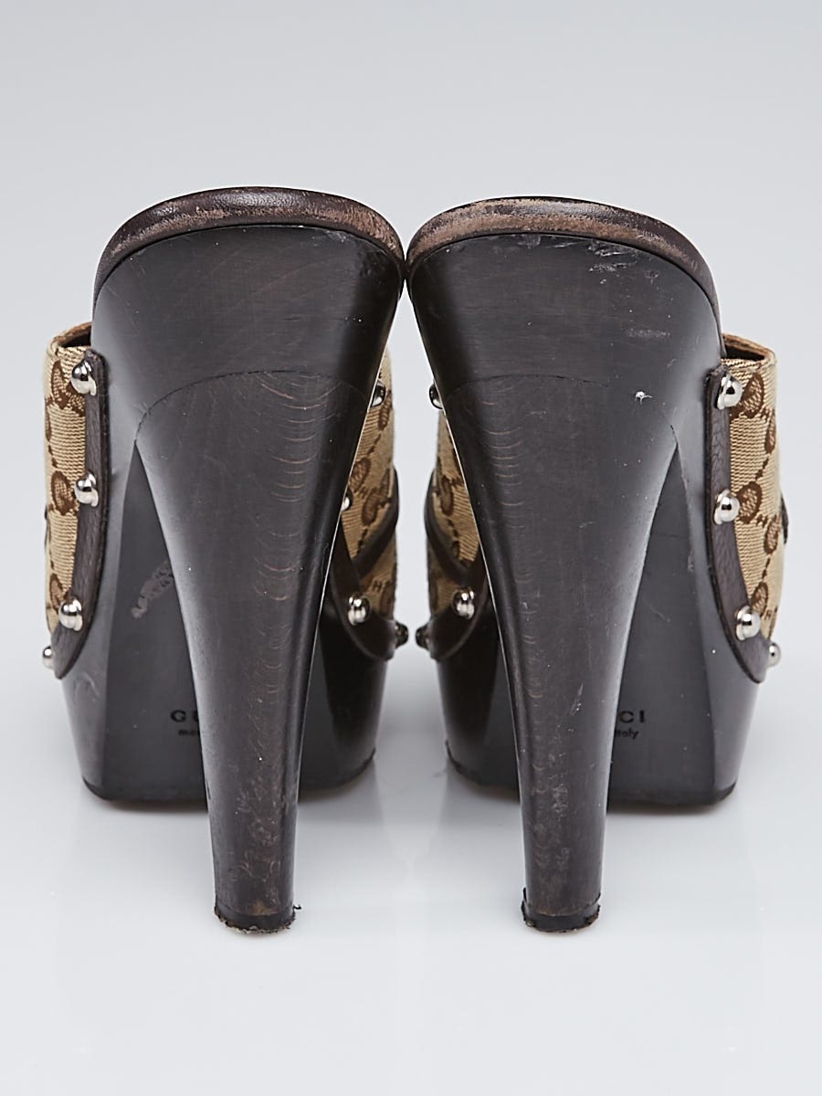 Gucci Beige/Ebony GG Canvas Horsebit Wood Mule Slide Sandals