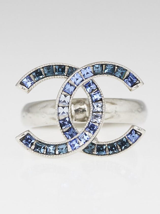 Chanel Silvertone Metal and Blue Crystal CC Rings Size 6.5